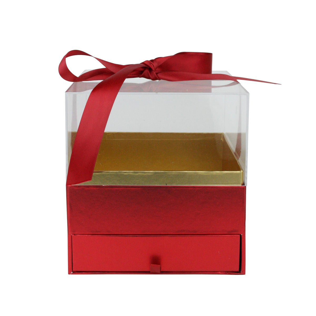 Red and gold acrylic gift box with clear lid and ribbon