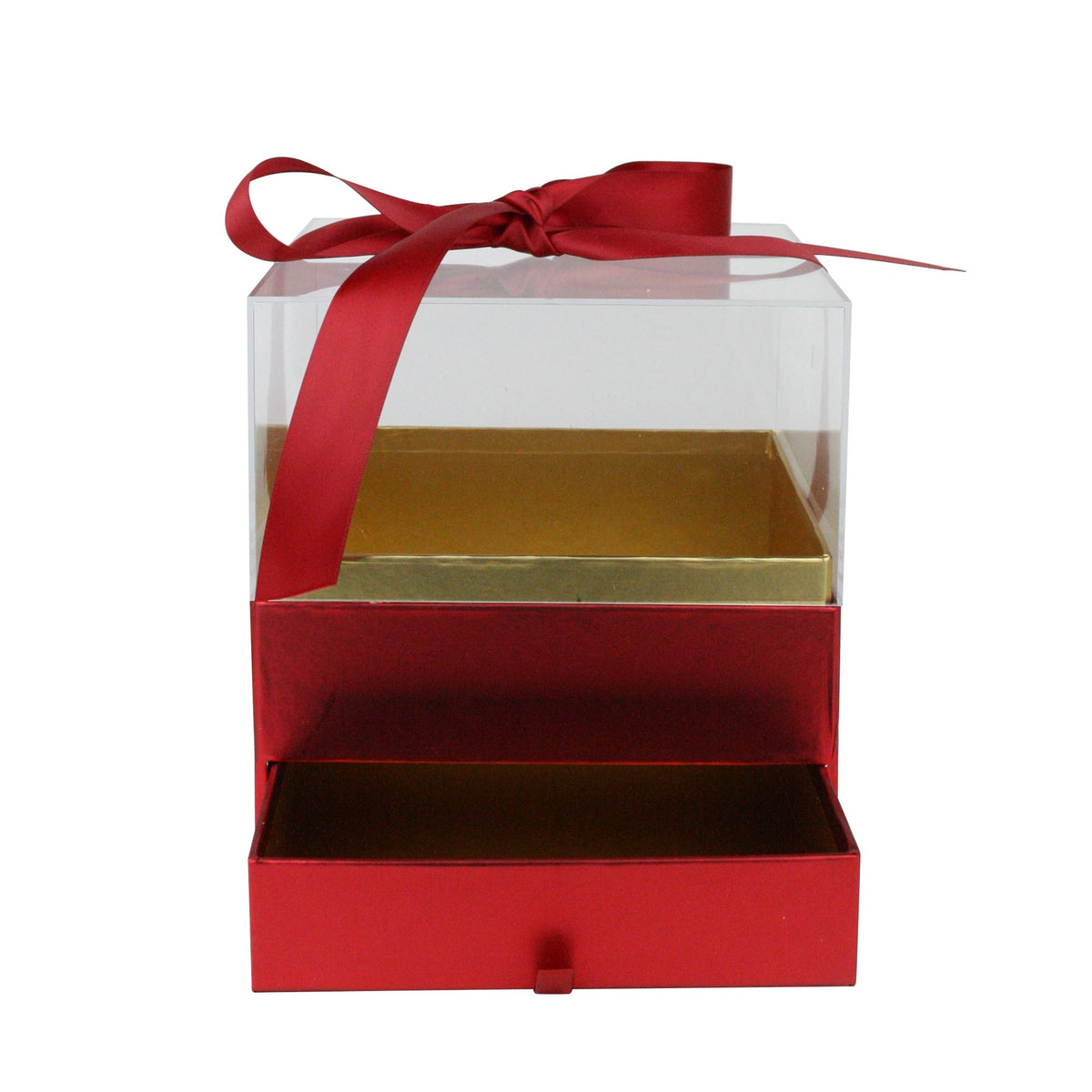 Open acrylic gift box with drawer showcasing birthday gift