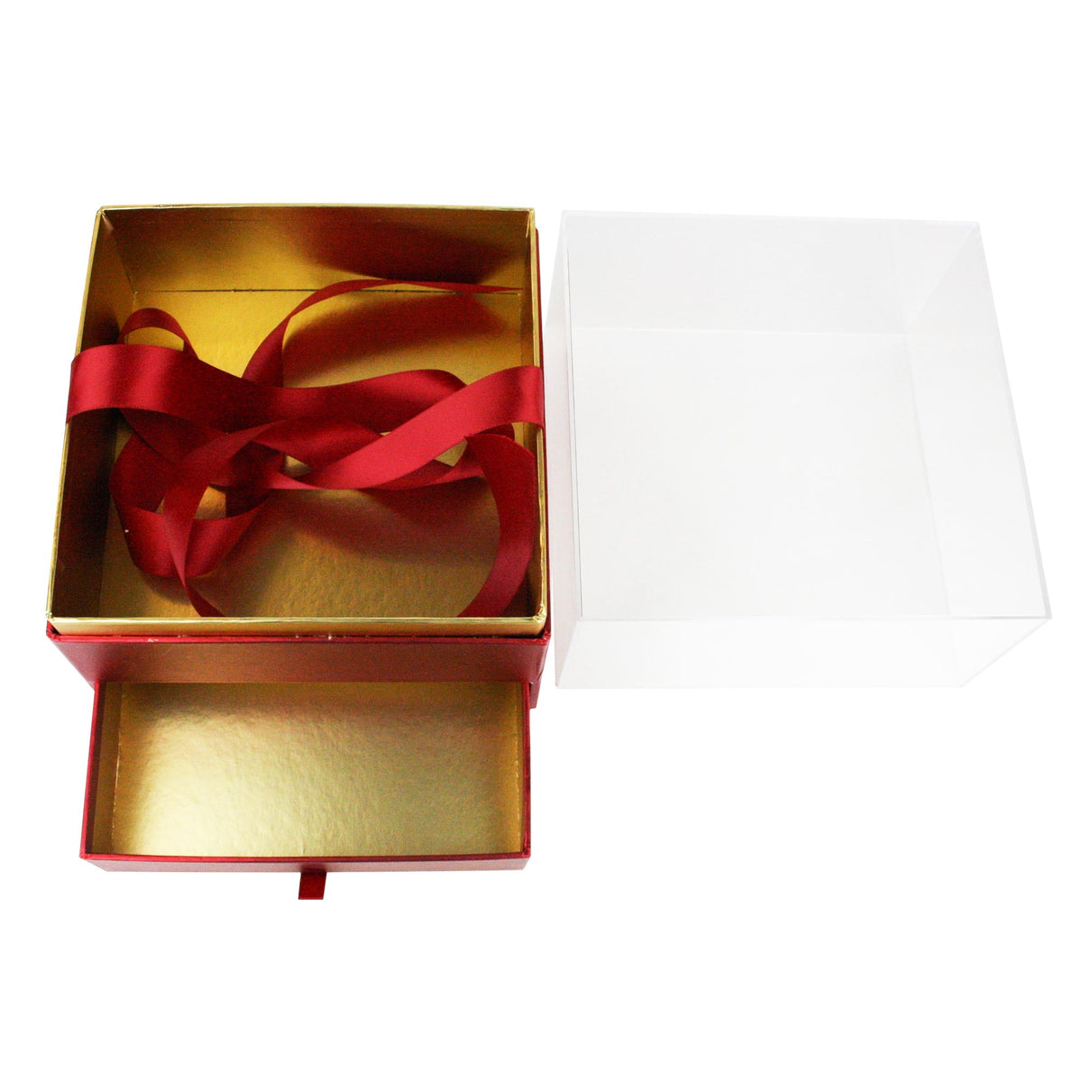 Red and gold acrylic gift box with a bow