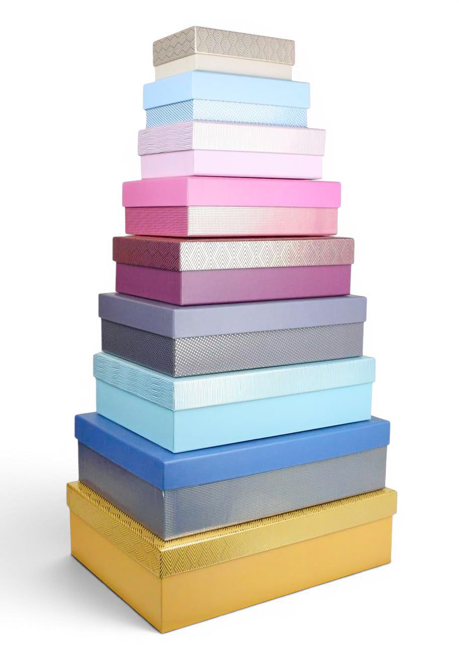 Set of 9  Rigid Gift Boxes, Printed Gift Box with Lid and White Interior