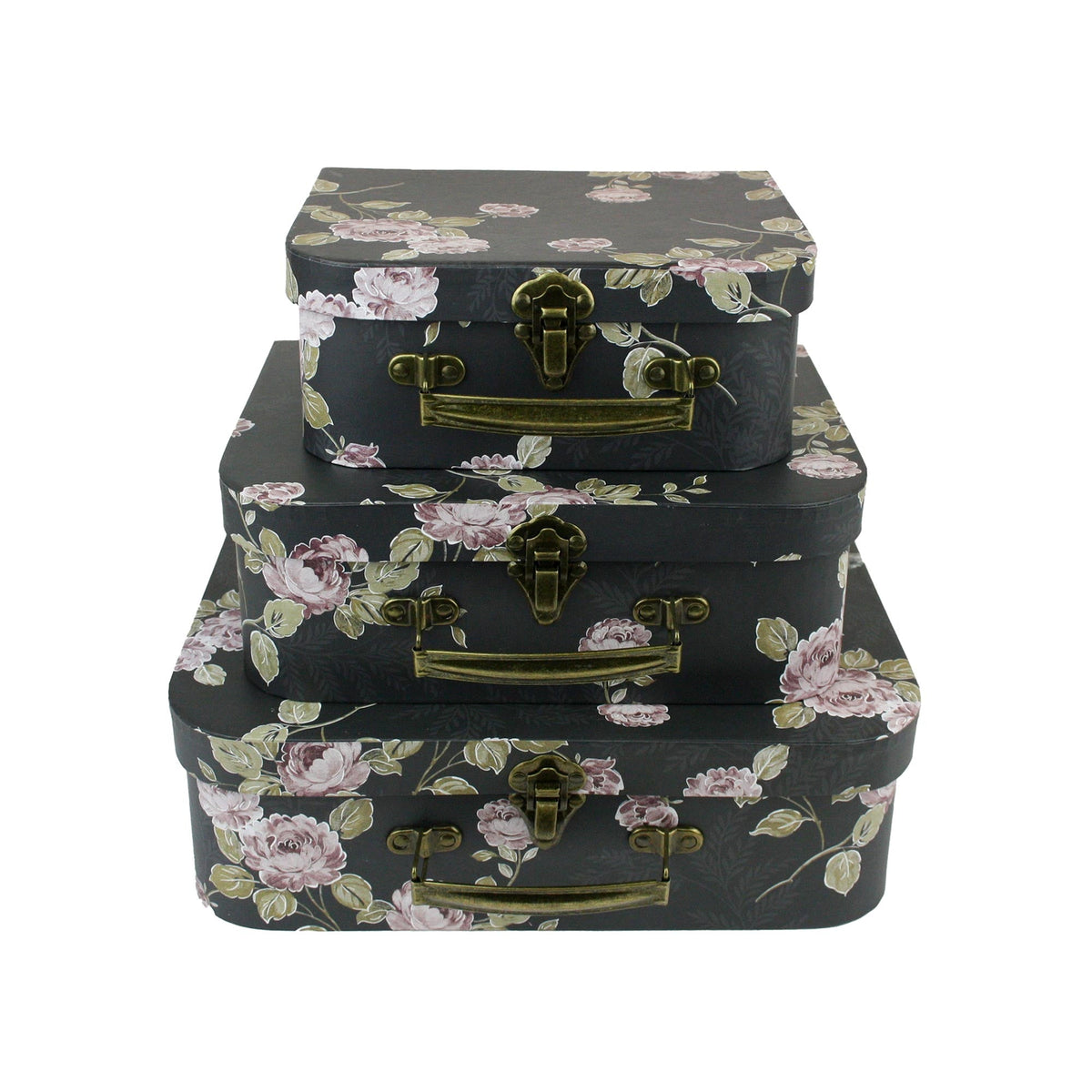 Elegant Black Floral Suitcase Style Gift Boxes - Set of 3