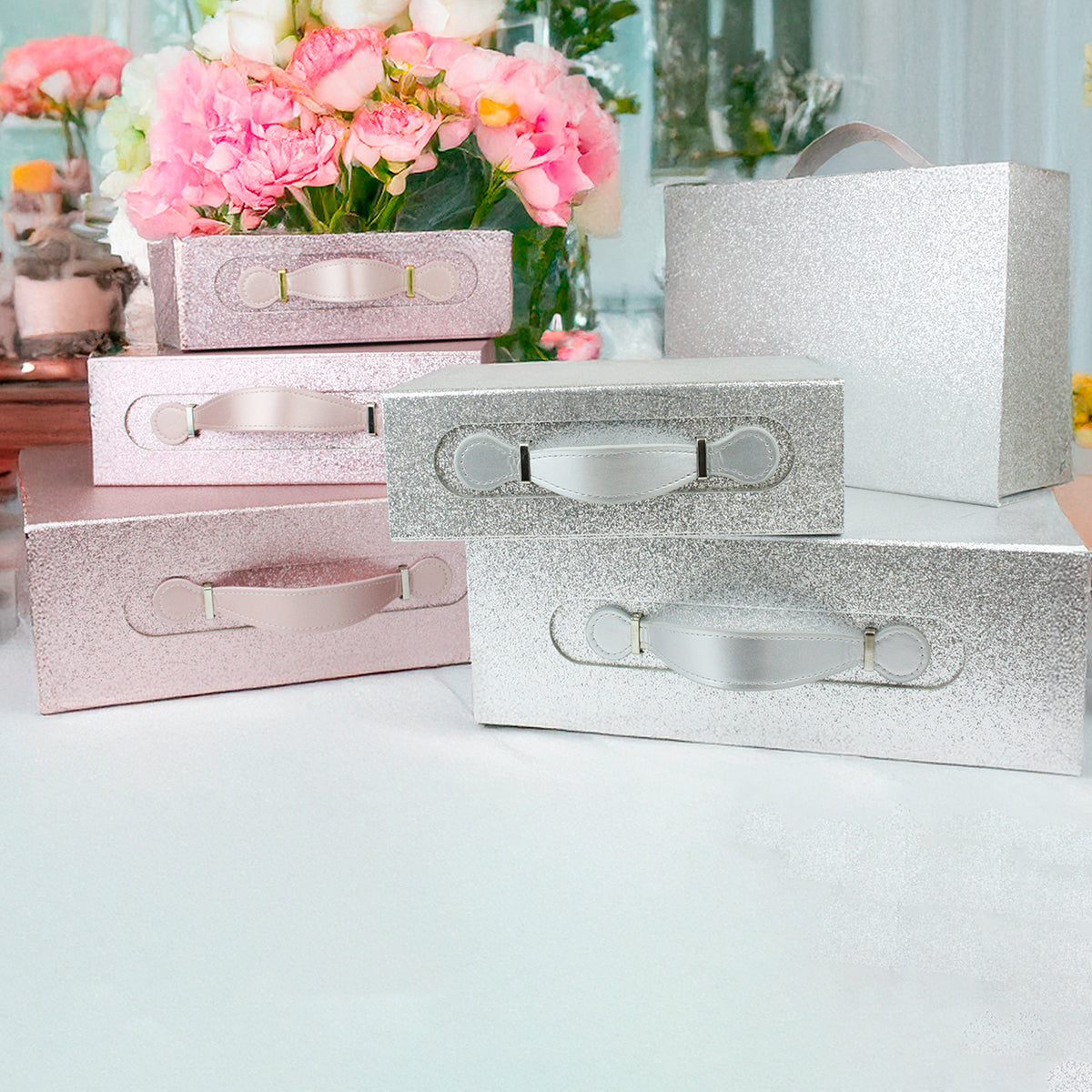 Glitter Folding Magnetic Gift Box With Leather Handle - Single (Sizes & Colors Available)