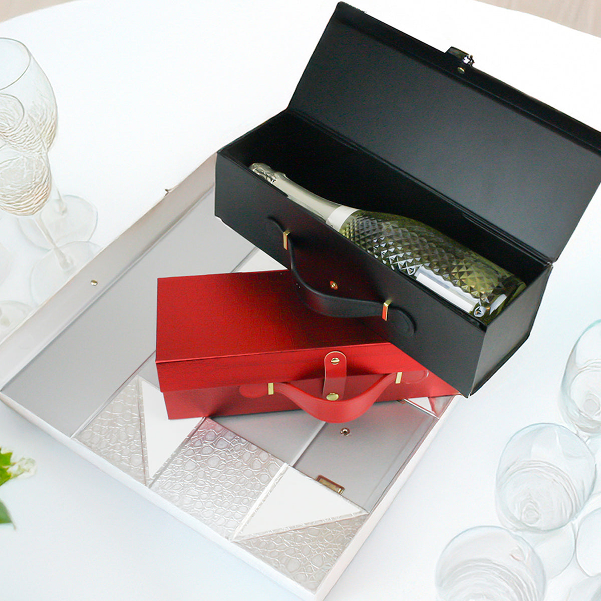 Folding Magnetic Bottle Gift Box With Leather Handle (Colors Available)