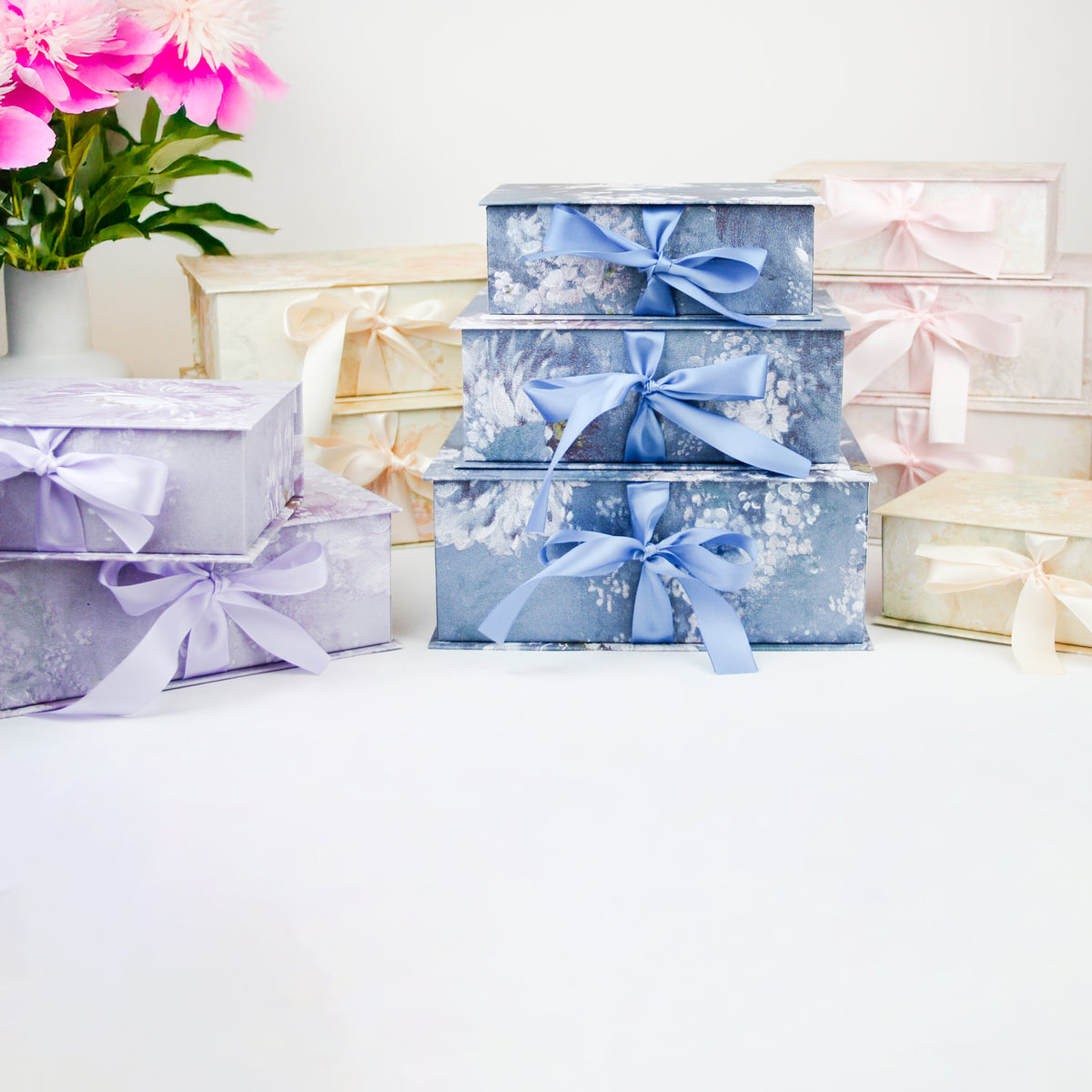 Textured Floral Gift Boxes With Ribbon - Set of 3 (Colors Available)