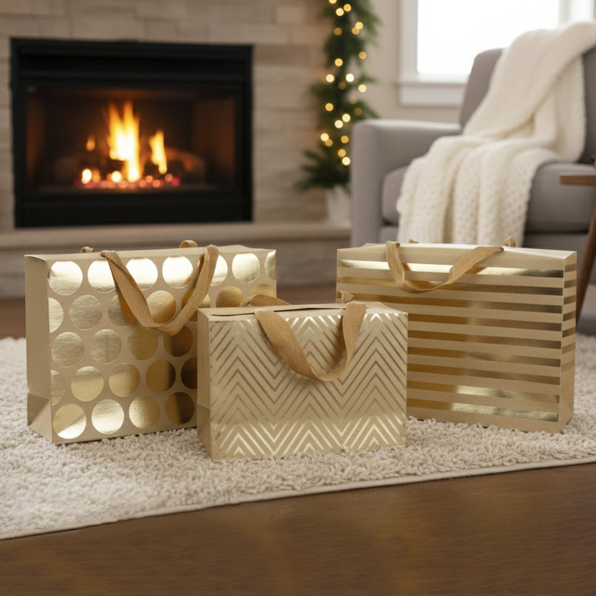 Gold Print Gift Bags - Pack of 12 (Sizes Available)