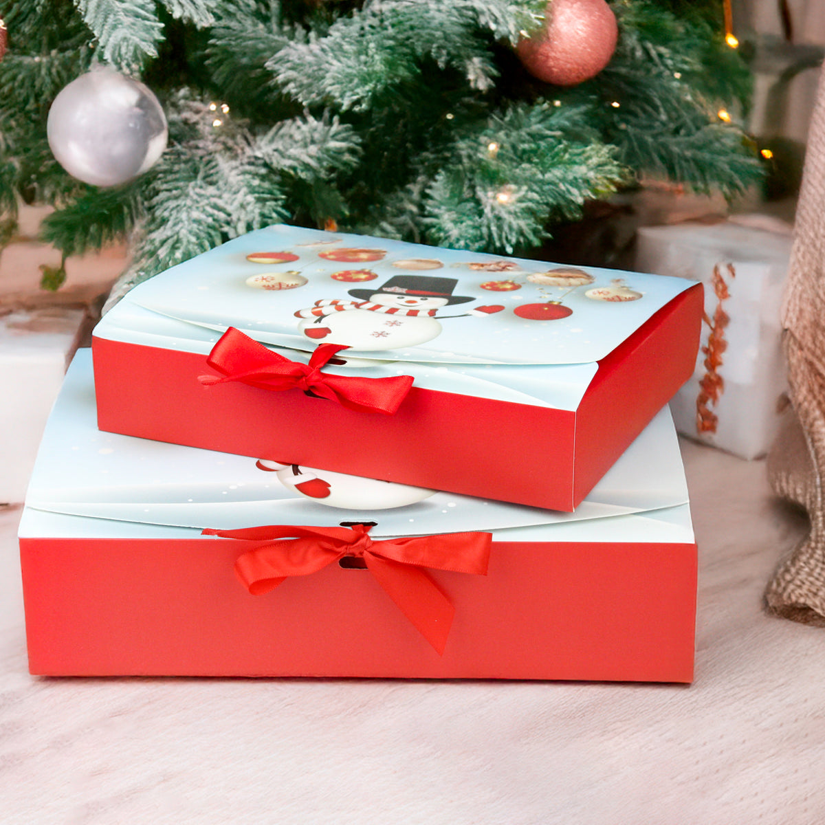 Christmas Snowman Top Flap Gift Boxes with Red Ribbon Pack of 12 (Sizes Available)