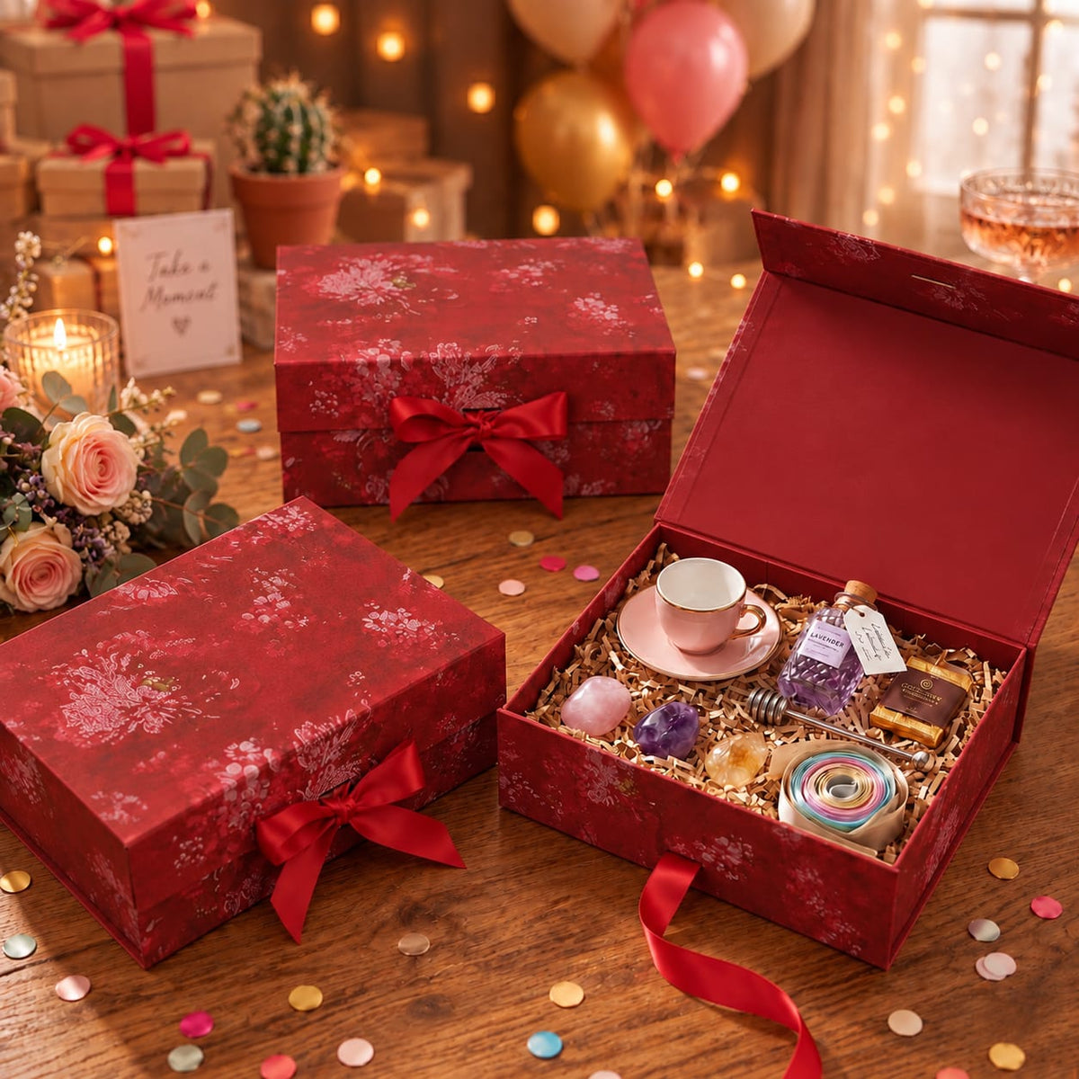 Red Magnetic Floral Gift Boxes, Reusable Luxury Gift Boxes, ( Sizes Available)