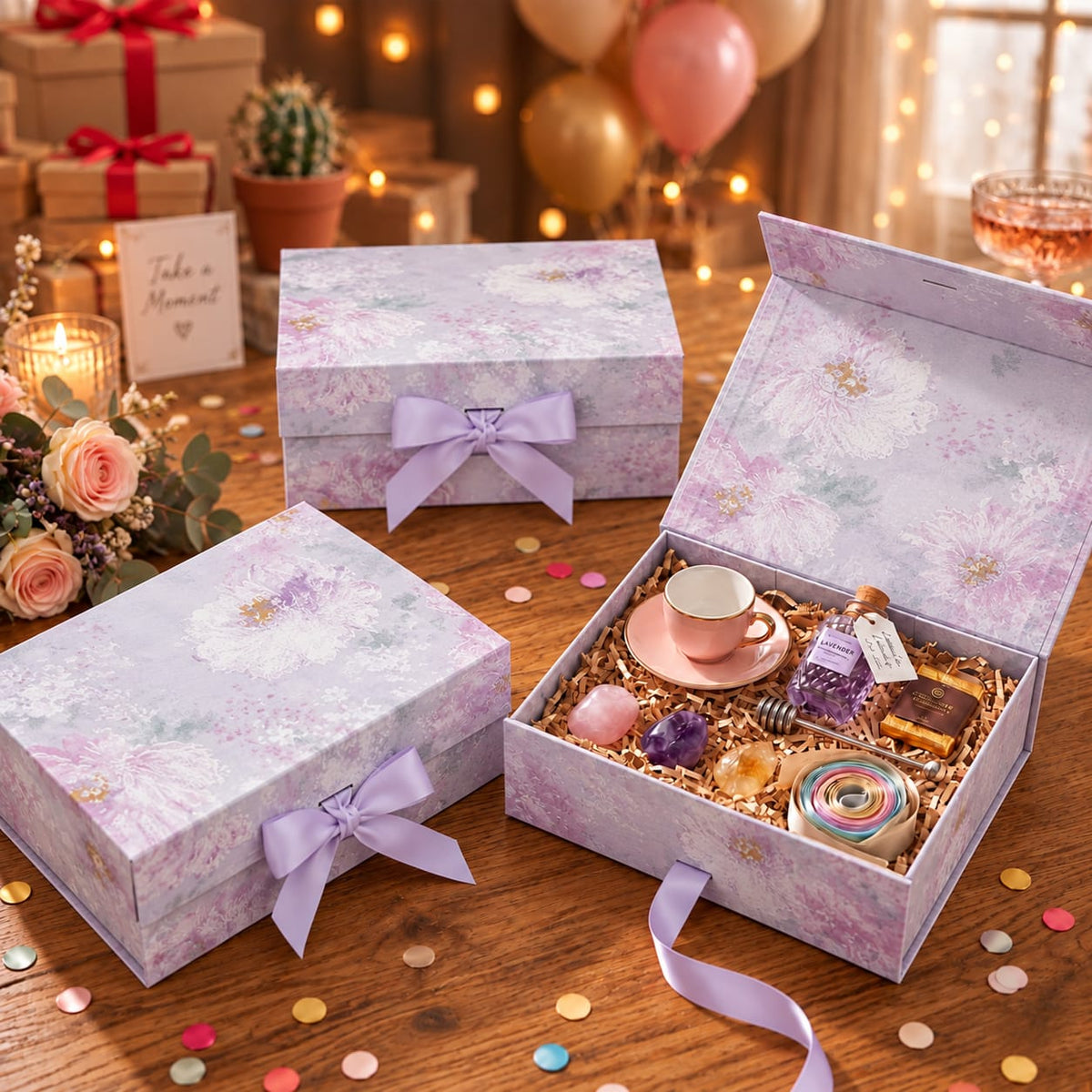Lilac Magnetic Floral Gift Boxes, Reusable Luxury Gift Boxes, ( Sizes Available)