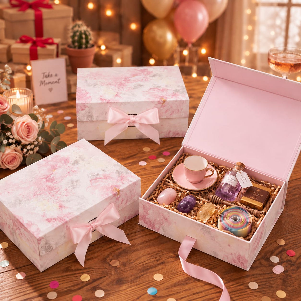 Baby Pink Magnetic Floral Gift Boxes, Reusable Luxury Gift Boxes, ( Sizes Available)