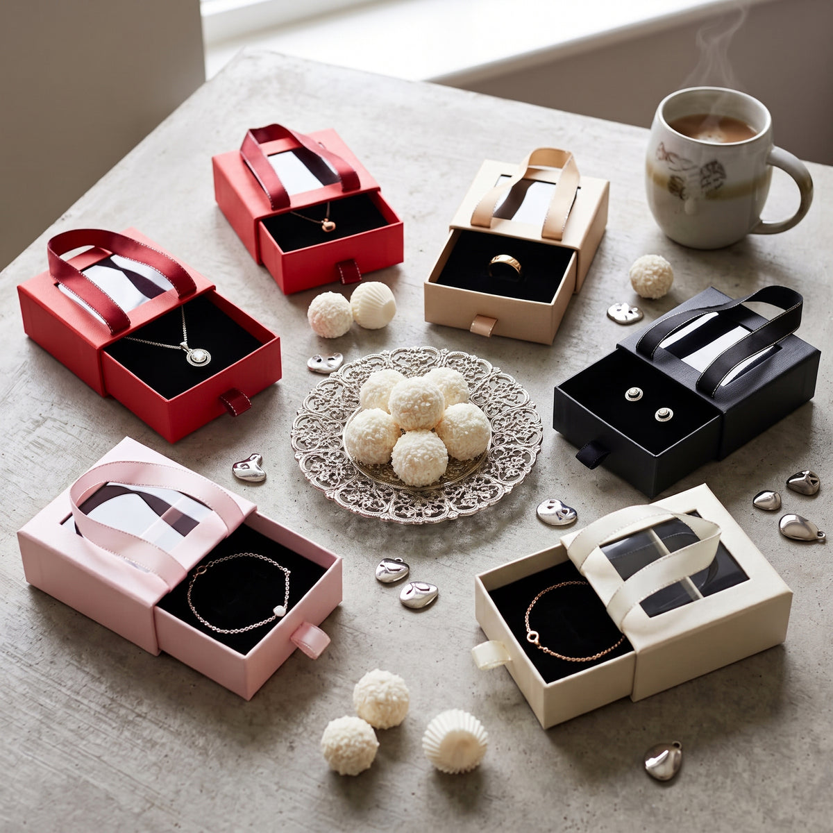 Jewellery Gift Box | Pack of 6 with Ribbon Handle, Window and Velvet Pad | Assorted (Red, Pink, Cream, Gold, Black, Grey)