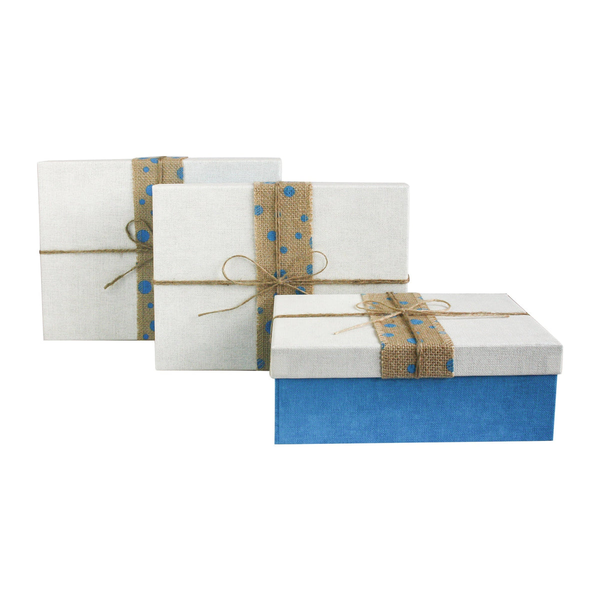 Blue rectangle gift box with white lid and dotted jute ribbon