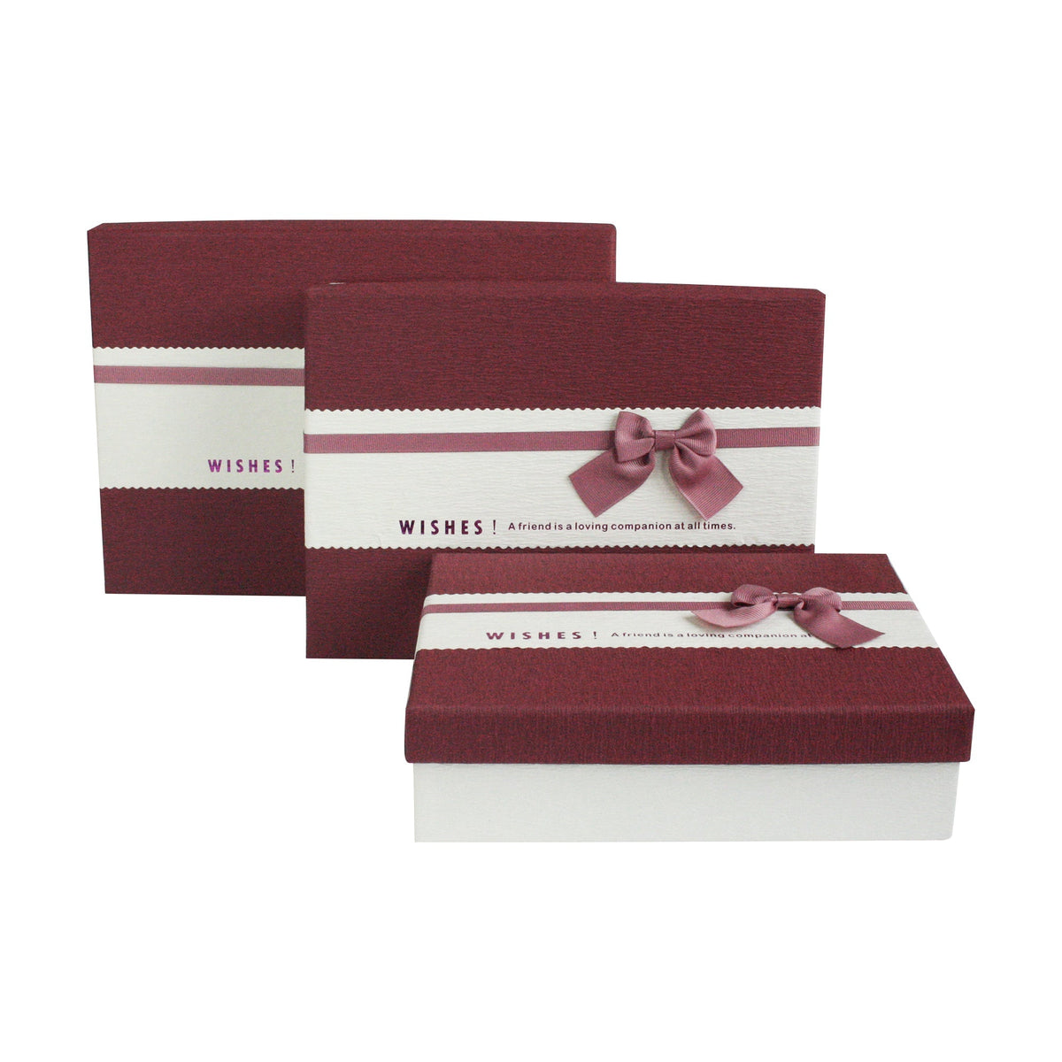 Cream colored gift box with burgundy lid and ribbon