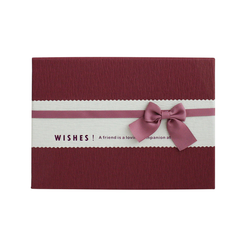 gift box with burgundy lid and ribbon