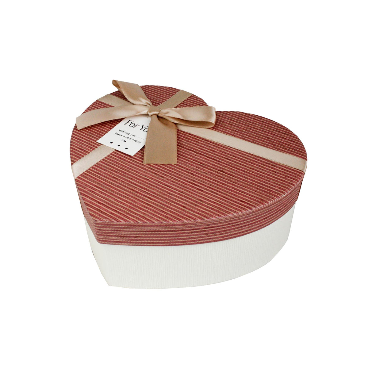 Red heart-shaped gift box with burgundy striped lid and cream base