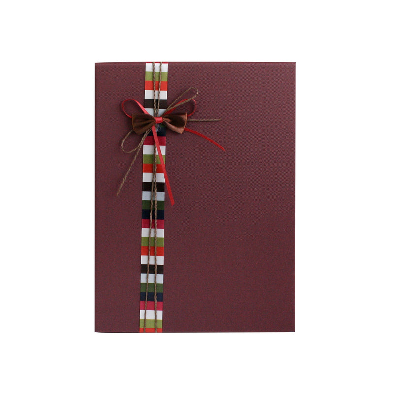 Burgundy gift box with multicoloured striped bow