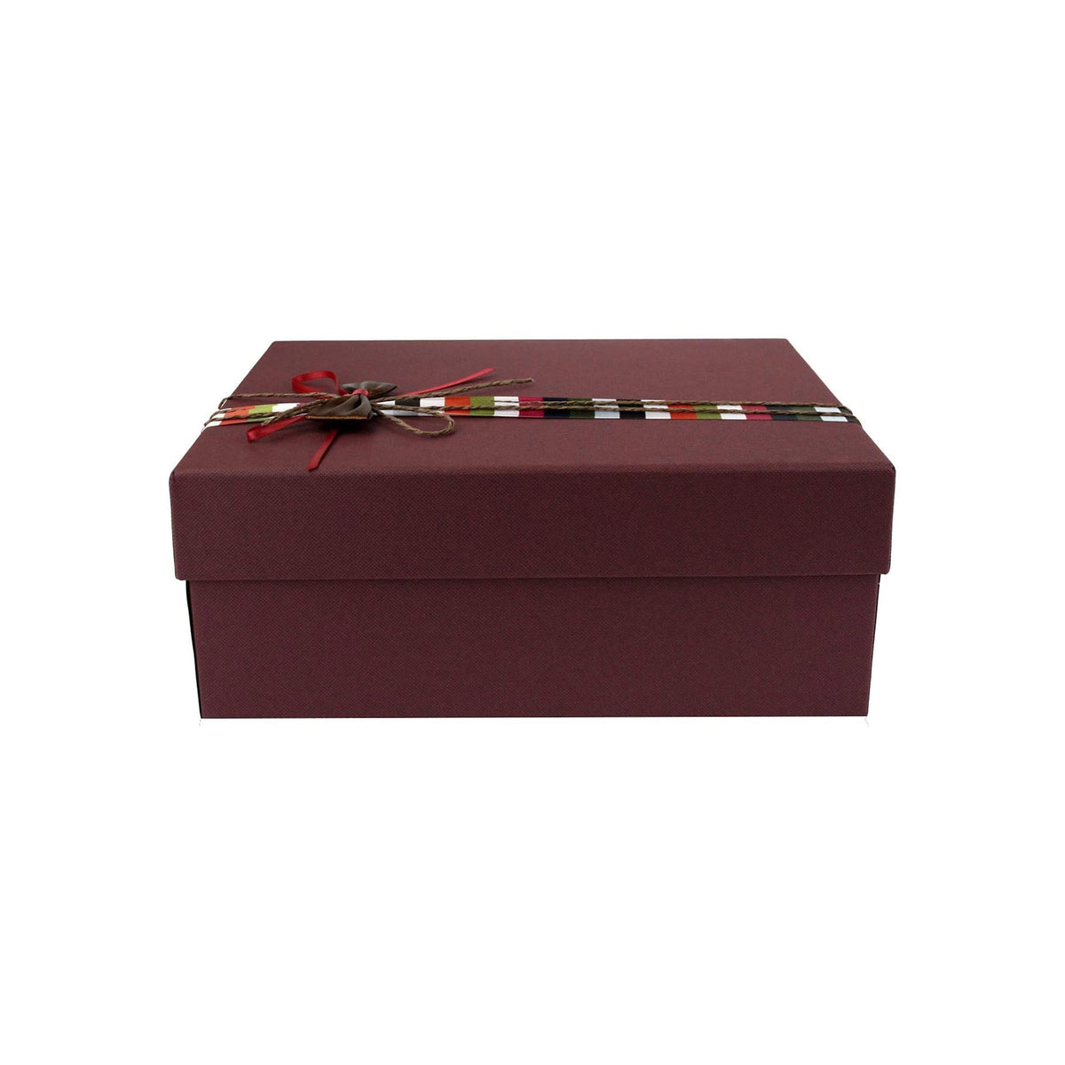 Luxury gift box with burgundy texture and decorative ribbon