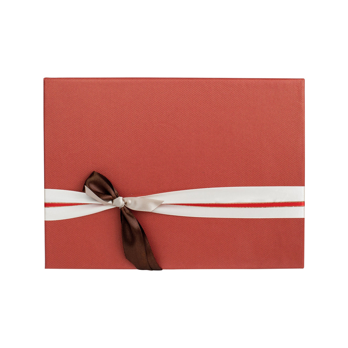 Rigid red rectangle gift box with satin ribbon