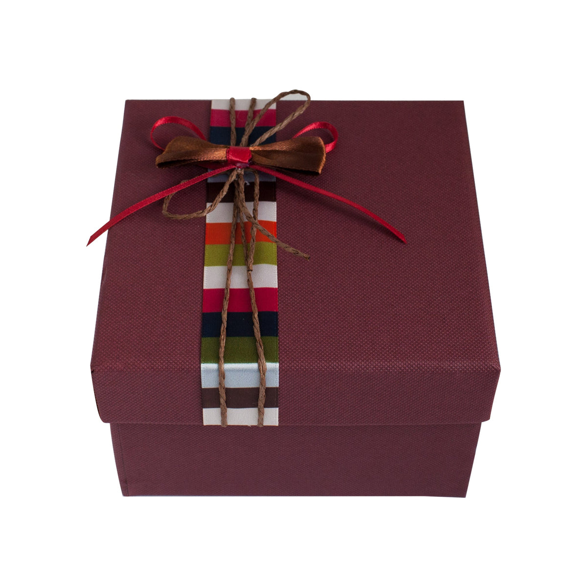 Burgundy gift box with lid and stripes