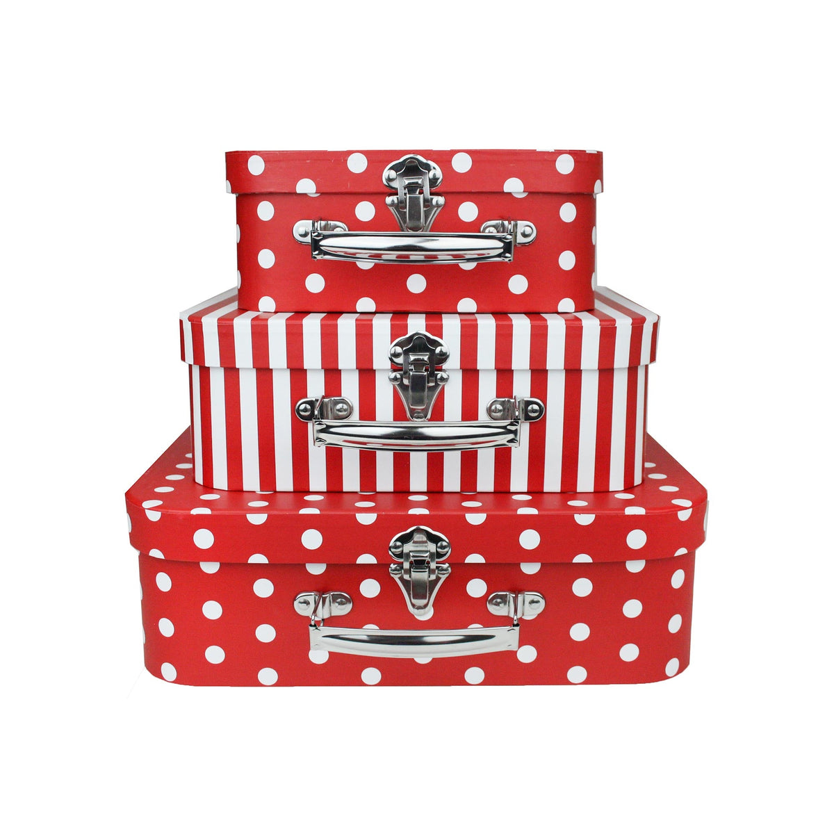 Elegant Red Stripes & Polka Suitcase Style Gift Boxes - Set of 3