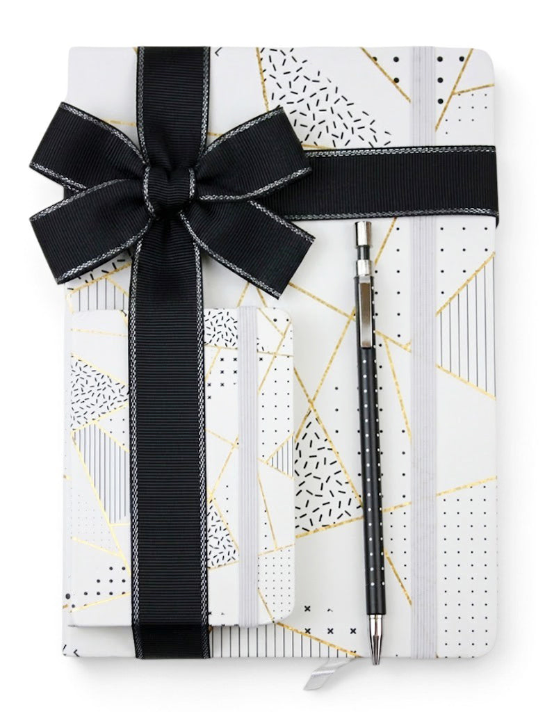 Unique Gift Set with A5 Notebook, A7 Notebook, Mechanical Pencil and Ribbon - Geometric Marble White/Gold
