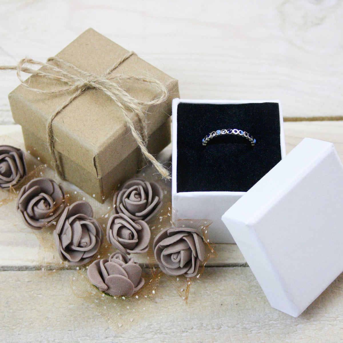 Brown and White Stackable Cardboard Jewelry Gift Boxes with Ribbon and Handle