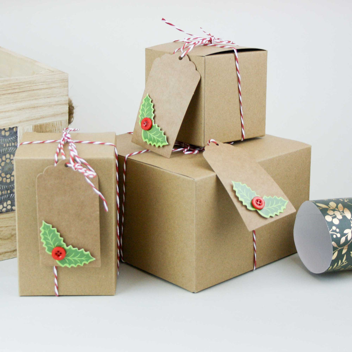 Natural Brown Kraft Gift Boxes with String and Tag Pack of 3