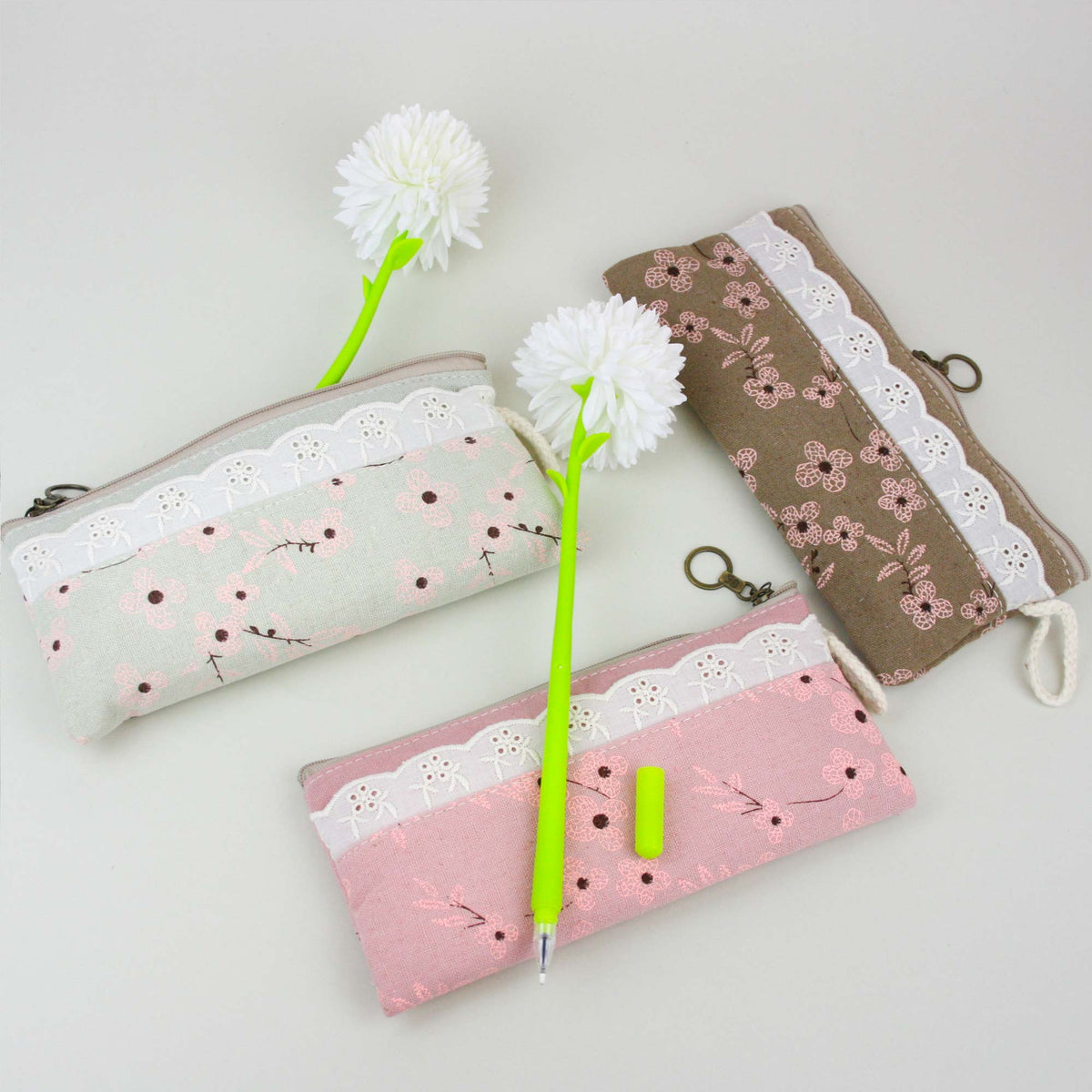 Elegant Floral Pencil Cases with Lace Trim - Assorted Colours