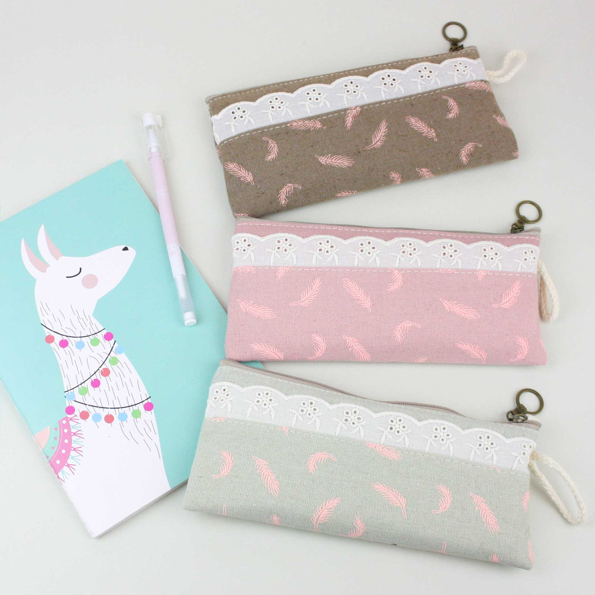 Elegant Feather Pencil Cases with Lace Trim - Assorted Colours