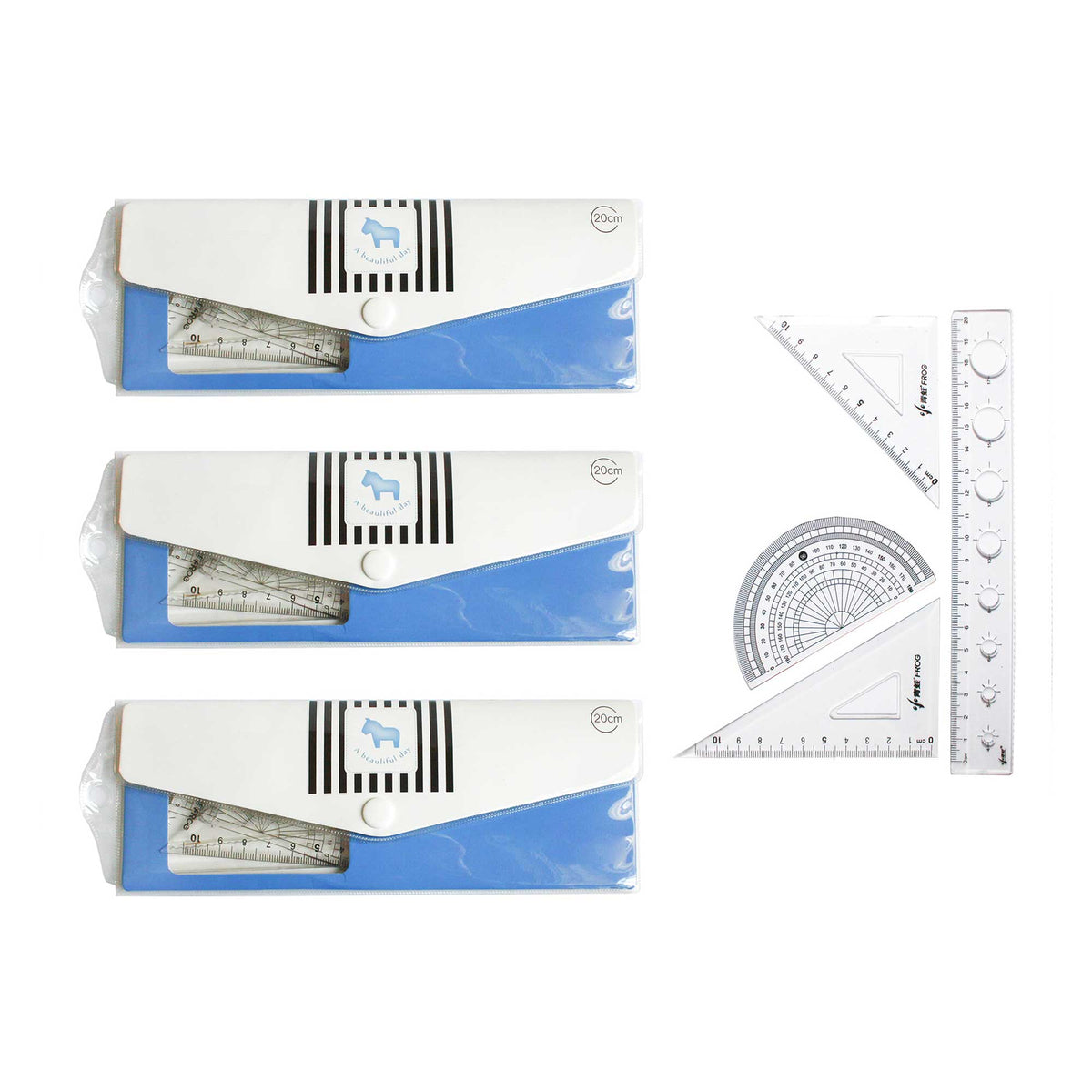 Geometry Set for Students - 20cm Ruler, Protractor, and Triangle Set - Blue