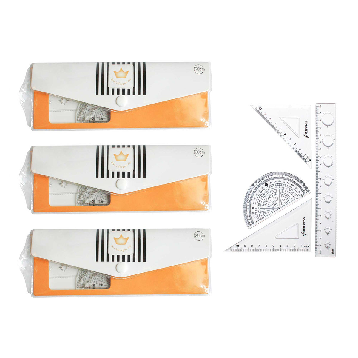 Geometry Set for Students - 20cm Ruler, Protractor, and Triangle Set - Orange