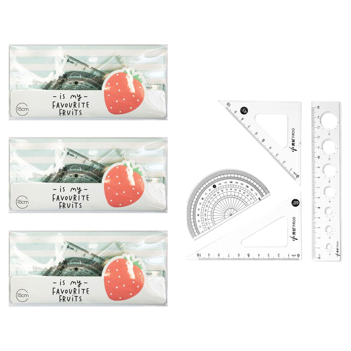 Geometry Set for Students - 20cm Ruler, Protractor, and Triangle Set - Strawberry