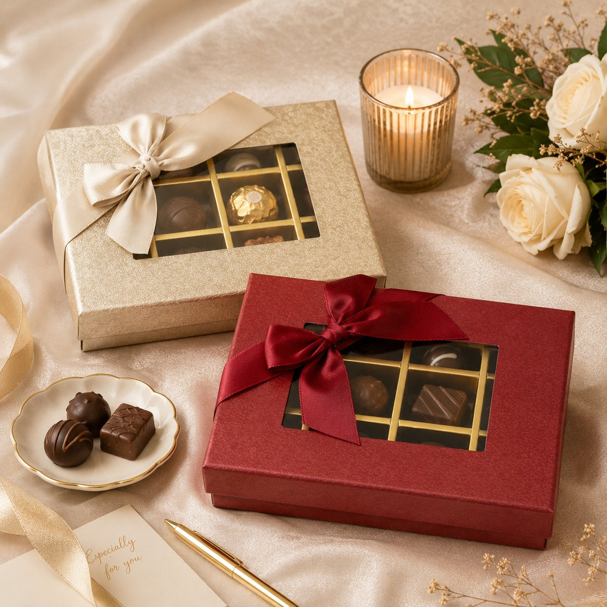 Chocolate Gift Boxes ,12 Compartments, Window Lid, Available In 2 Colours