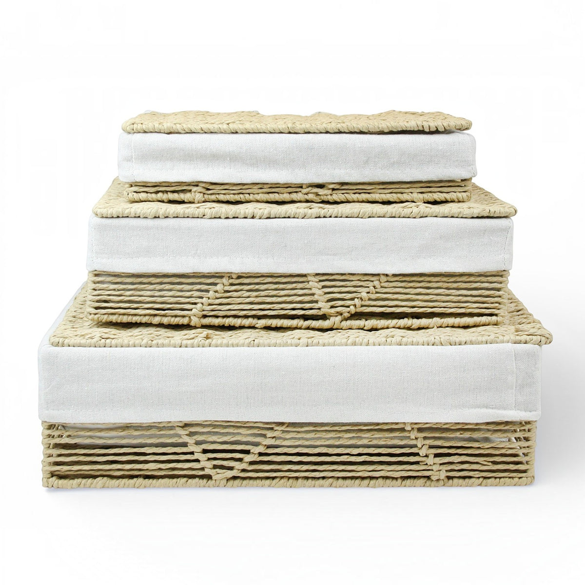 Set of 3 Lidded Fabric Lined Woven Trays Storage Baskets - Natural