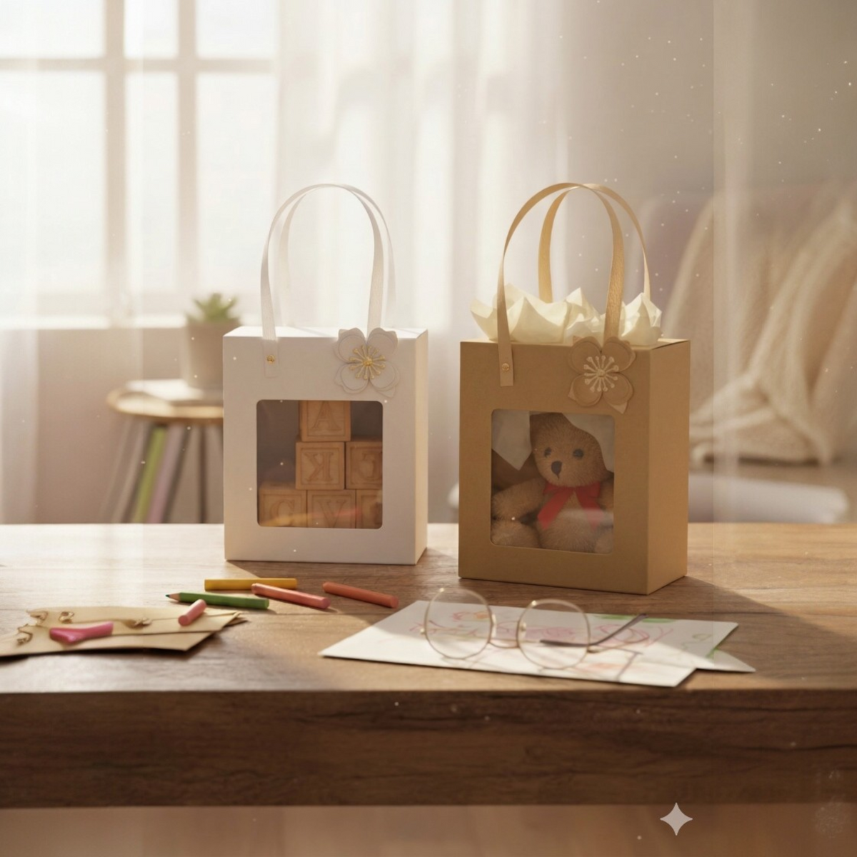 White & Brown Kraft Gift Box Bags With Clear Window and Handle - Pack of 12 (Sizes Available)